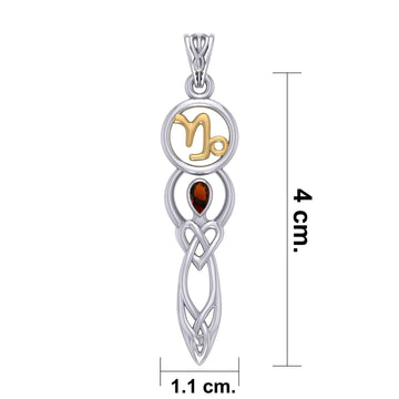 Celtic Goddess Capricorn Astrology Zodiac Sign Silver and Gold Accents Pendant with Garnet MPD5932 - Jewelry